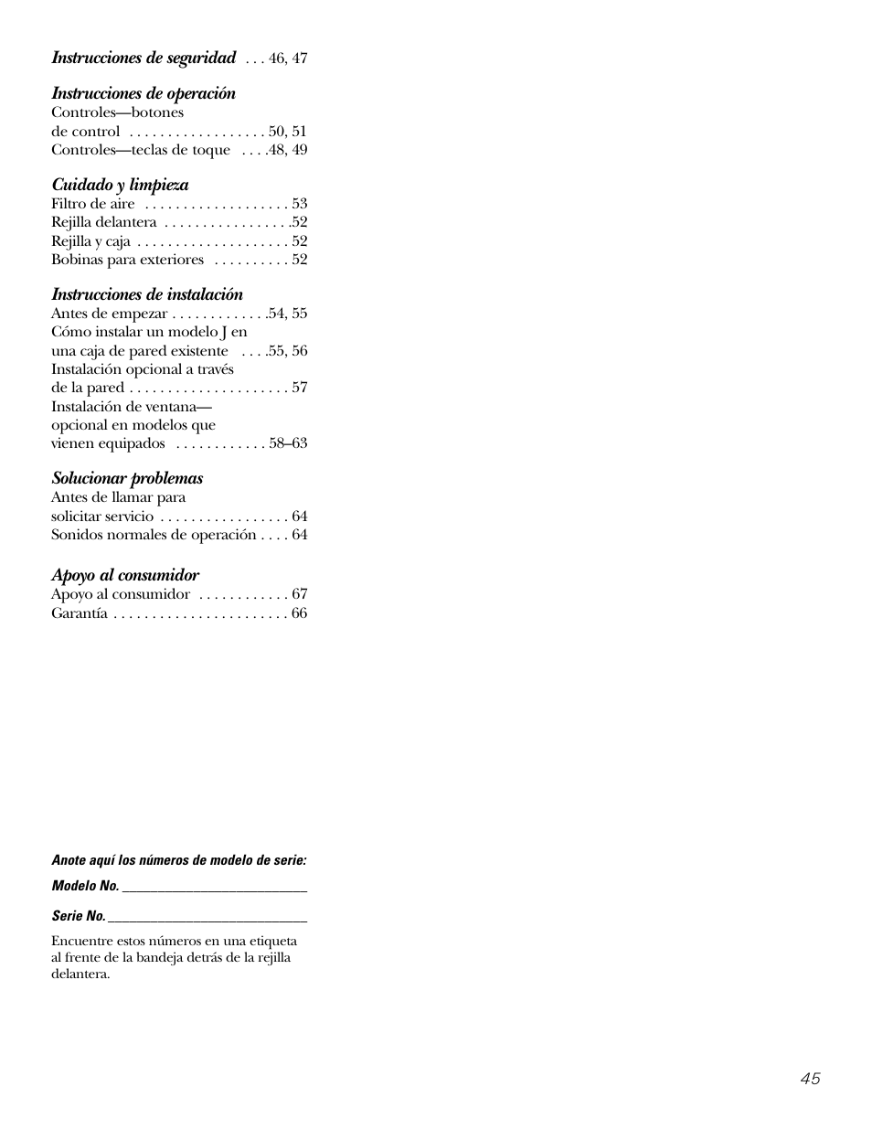 Spanish table of contents, Instrucciones de operación, Cuidado y limpieza | Instrucciones de instalación, Solucionar problemas, Apoyo al consumidor | GE 10 DCB User Manual | Page 45 / 68