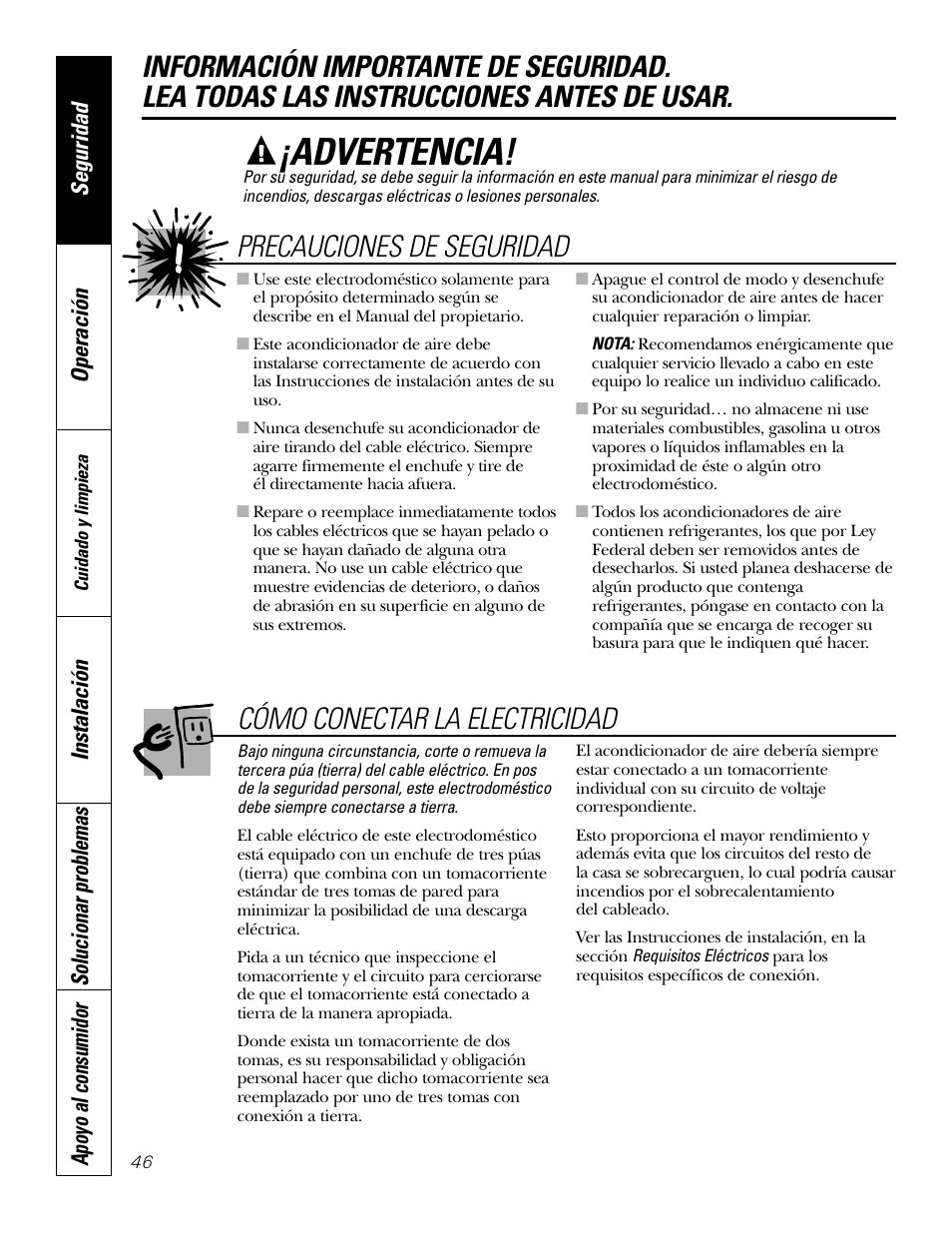 Instrucciones de seguridad, Advertencia, Precauciones de seguridad | Cómo conectar la electricidad | GE 10 DCB User Manual | Page 46 / 68