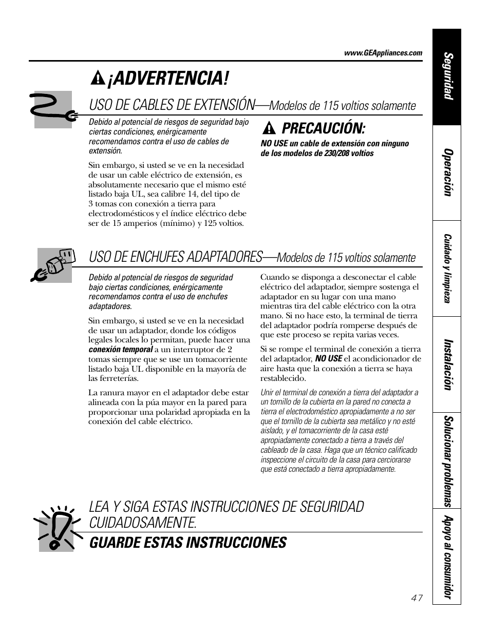 Advertencia, Precaución, Uso de cables de extensión | Uso de enchufes adaptadores | GE 10 DCB User Manual | Page 47 / 68