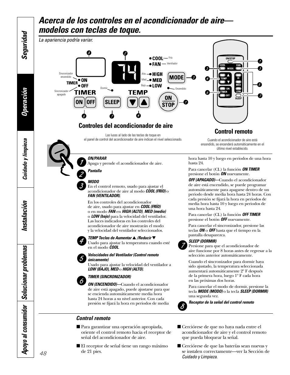 Controles—teclas de toque, Controles—teclas de toque , 49, Operación seguridad | Controles del acondicionador de aire, Control remoto | GE 10 DCB User Manual | Page 48 / 68