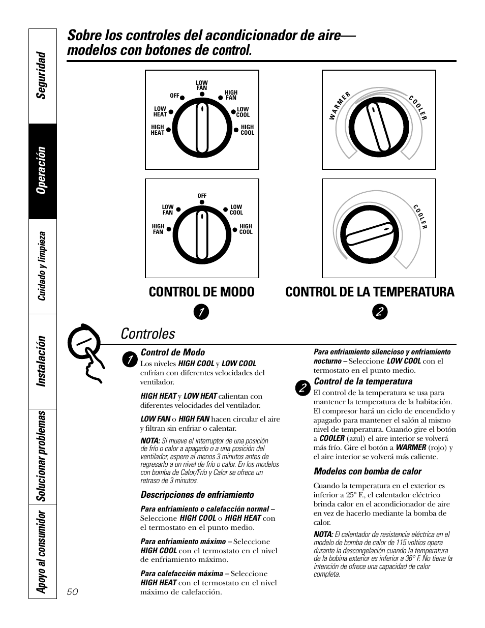 Controles—botones de control, Controles—botones de control , 51, Controles | Control de modo control de la temperatura, Operación seguridad | GE 10 DCB User Manual | Page 50 / 68
