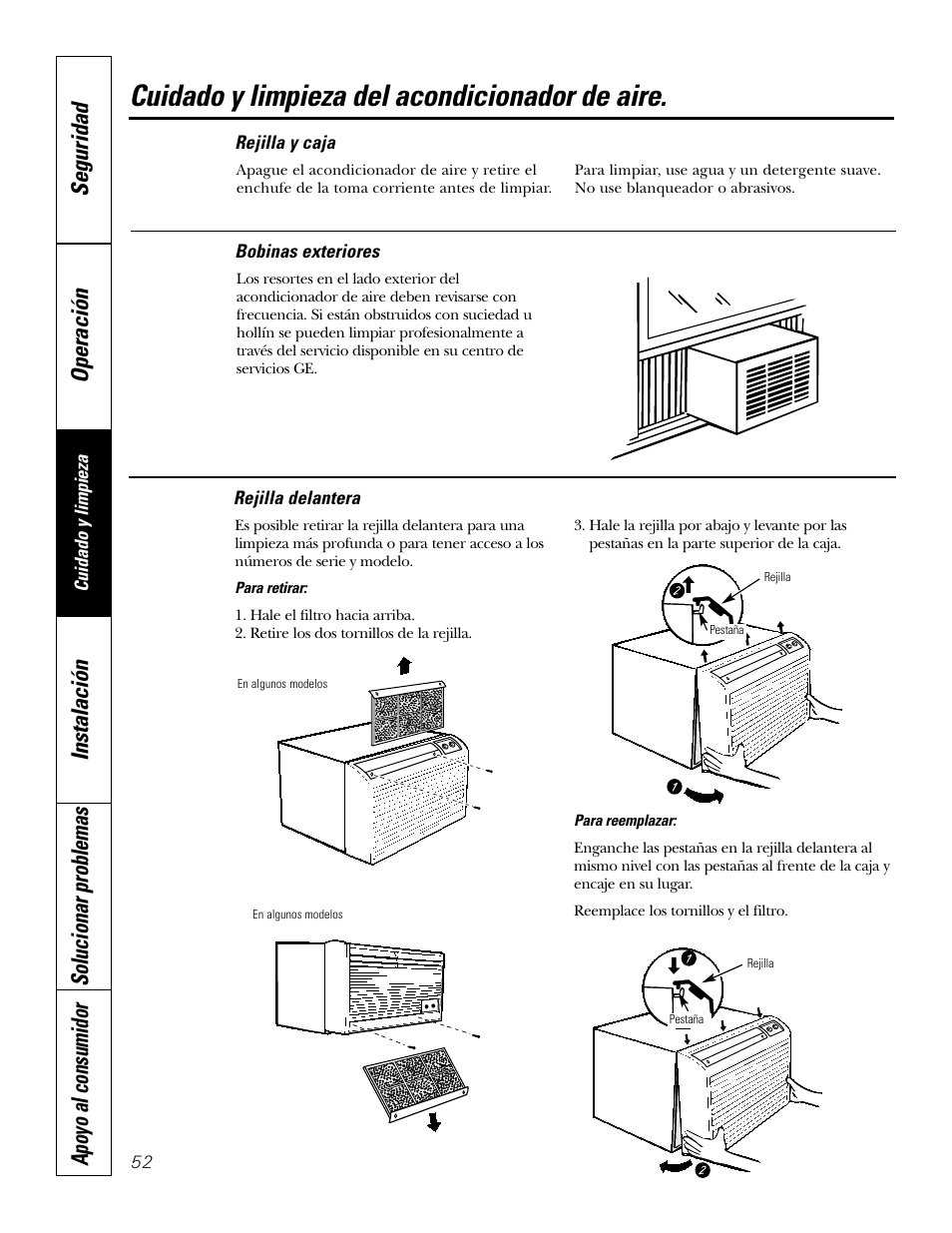 Rejilla delantera, Rejilla y caja, Bobinas para exteriores | Cuidado y limpieza del acondicionador de aire, Operación seguridad | GE 10 DCB User Manual | Page 52 / 68