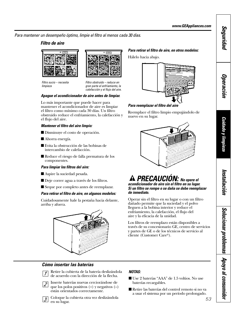 Filtro de aire, Precaución, Seguridad operación | GE 10 DCB User Manual | Page 53 / 68