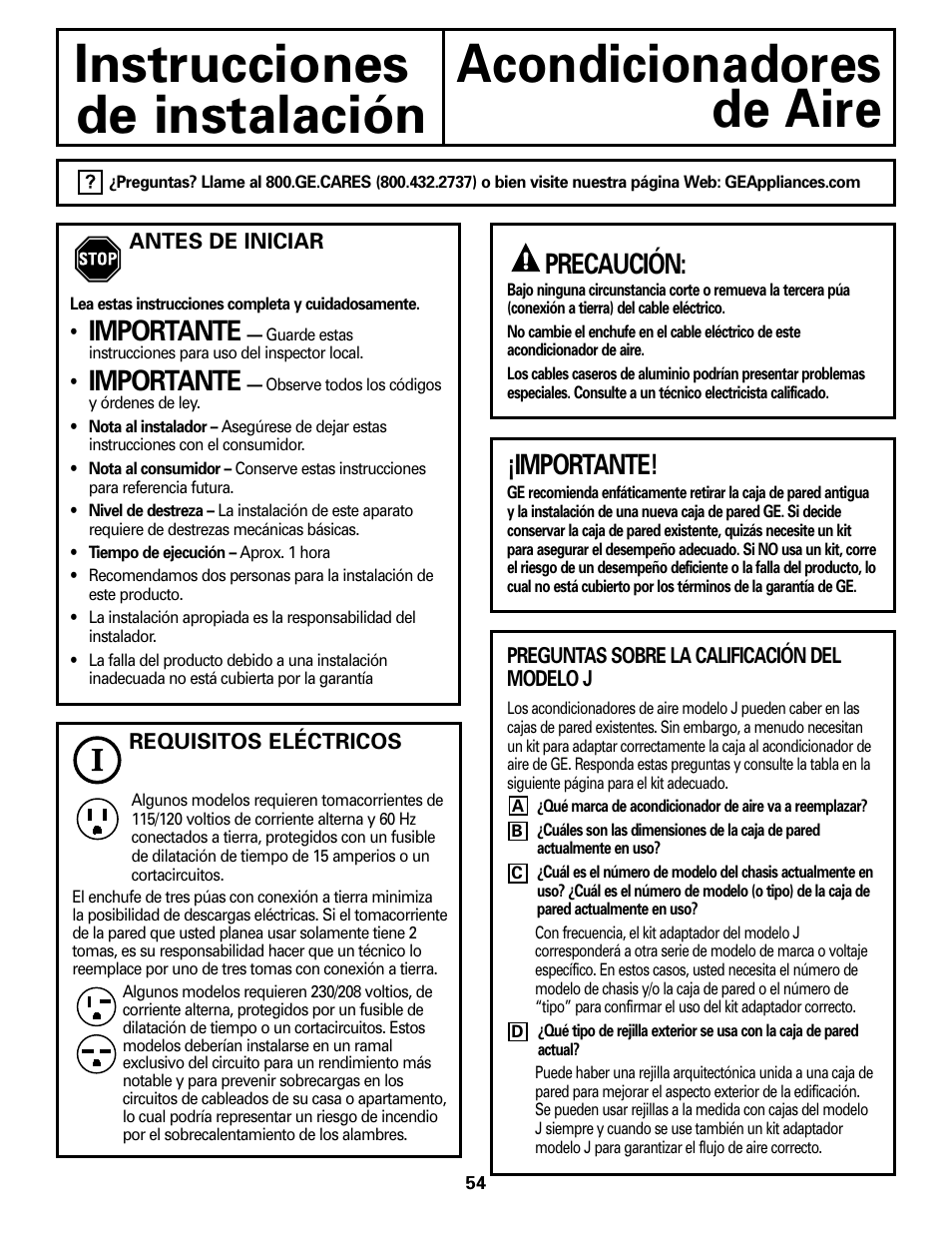 Antes de empezar, Antes de empezar , 55, Importante | Precaución | GE 10 DCB User Manual | Page 54 / 68