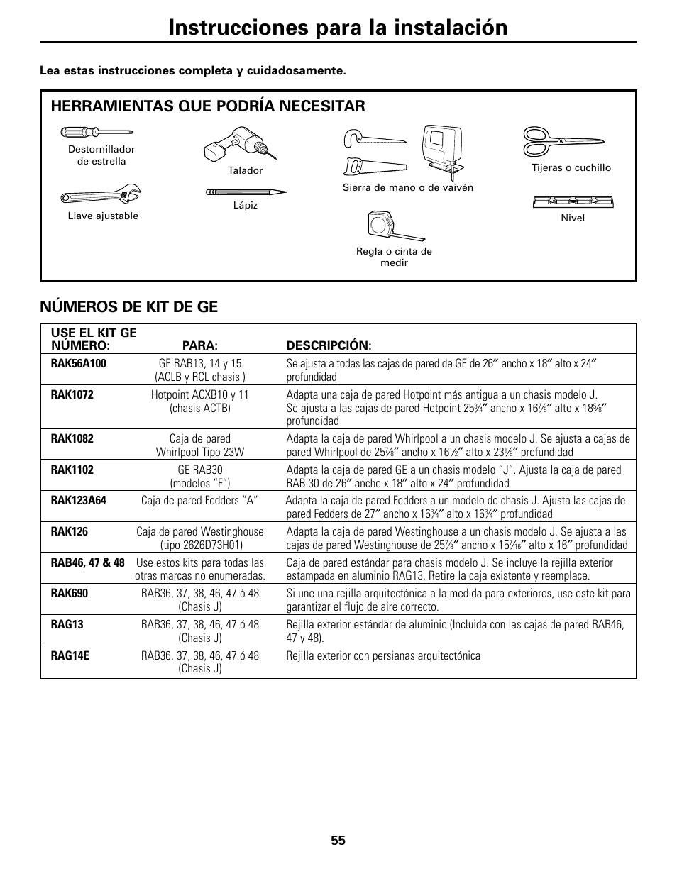 Instrucciones para la instalación, Números de kit de ge, Herramientas que podría necesitar | GE 10 DCB User Manual | Page 55 / 68