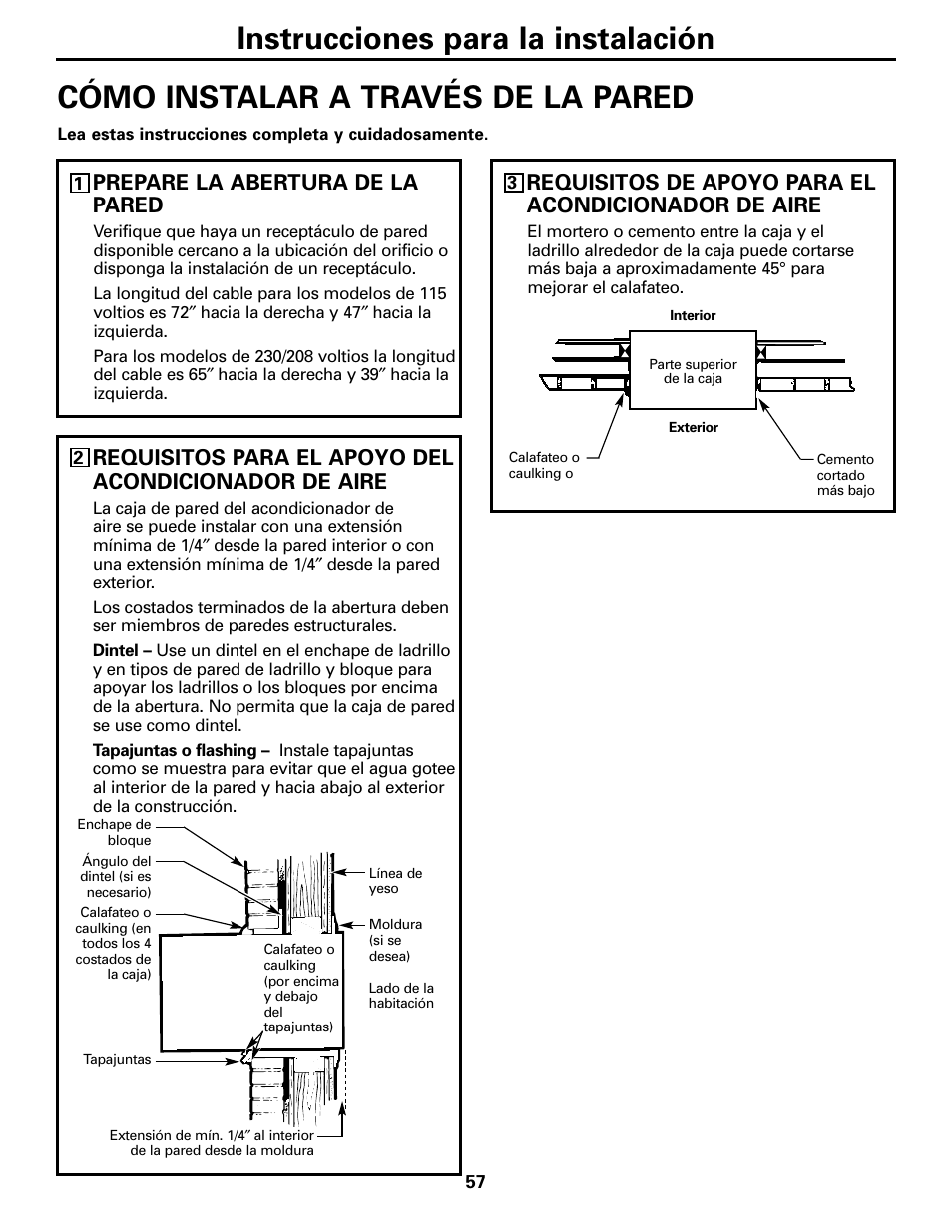 Instalación opcional a través de la pared, Instrucciones para la instalación, Cómo instalar a través de la pared | Prepare la abertura de la pared, Requisitos de apoyo para el acondicionador de aire | GE 10 DCB User Manual | Page 57 / 68