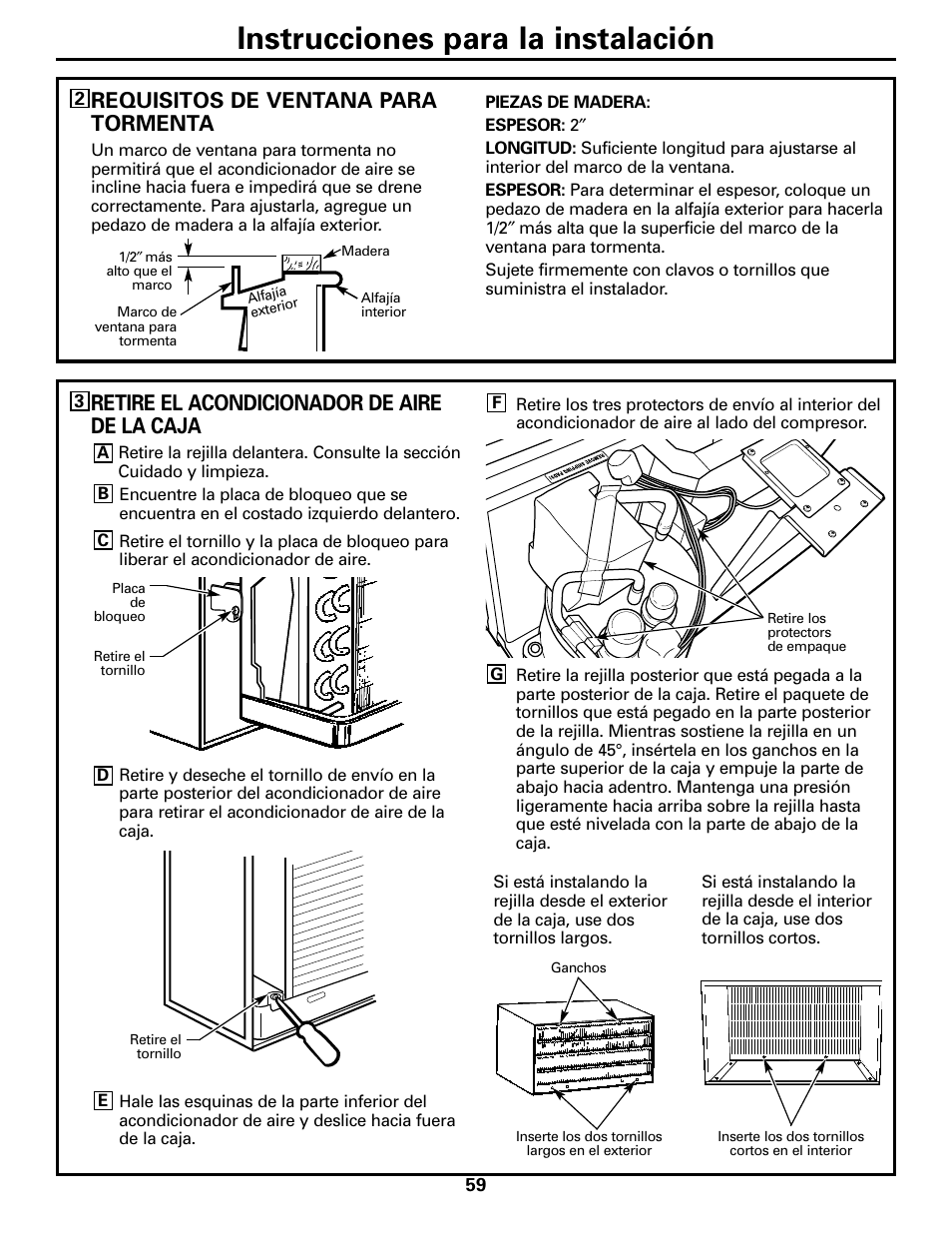 Instrucciones para la instalación, Requisitos de ventana para tormenta, Retire el acondicionador de aire de la caja | GE 10 DCB User Manual | Page 59 / 68