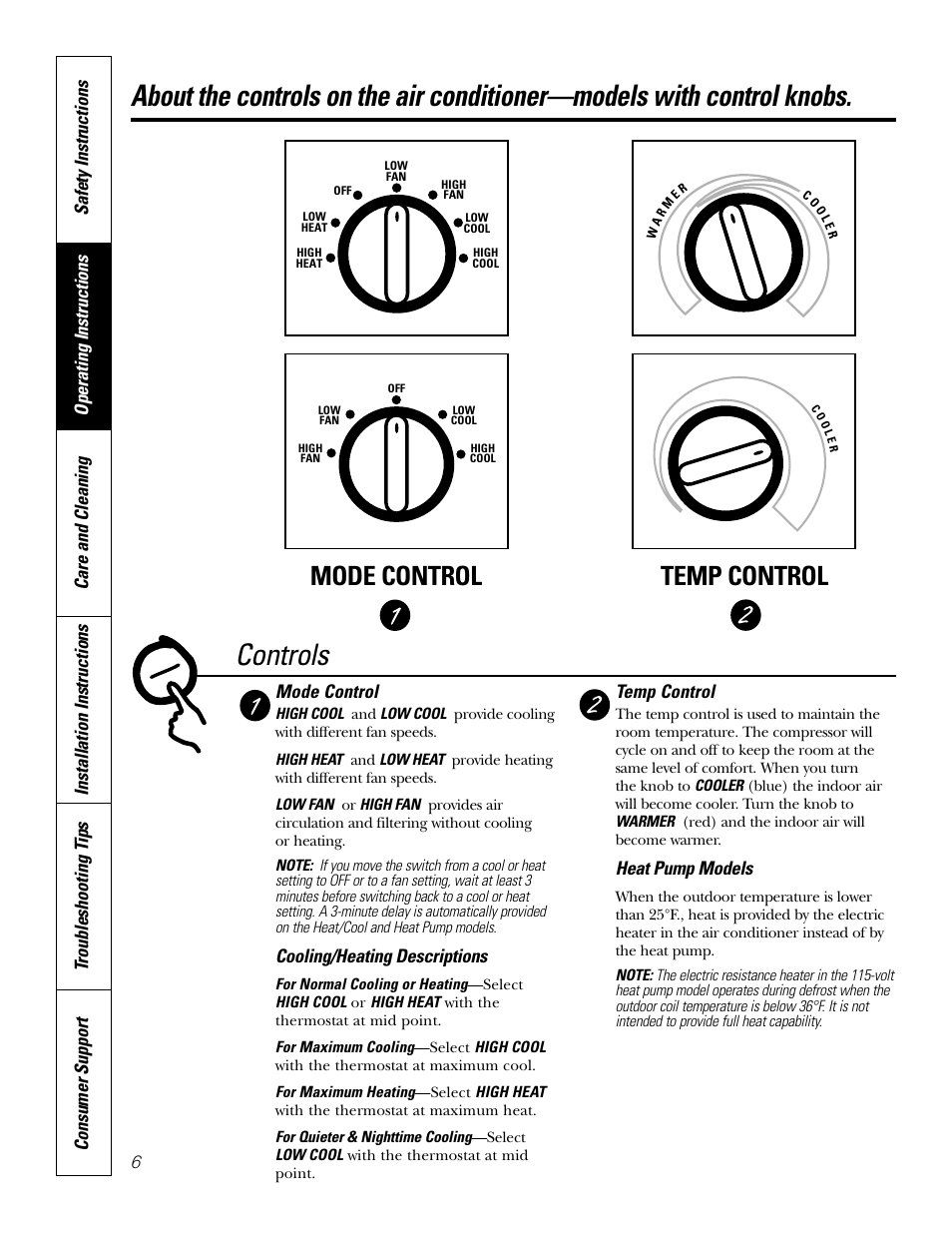 Controls—control knobs, Controls—control knobs , 7, Controls | Mode control temp control, Mode control, Cooling/heating descriptions, Temp control, Heat pump models | GE 10 DCB User Manual | Page 6 / 68
