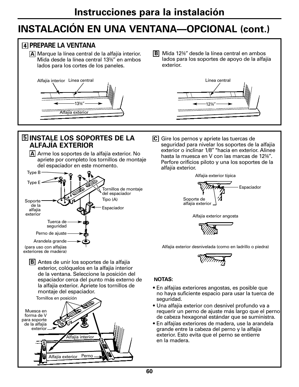 Instrucciones para la instalación, Instalación en una ventana—opcional (cont.), Prepare la ventana | Instale los soportes de la alfajía exterior | GE 10 DCB User Manual | Page 60 / 68