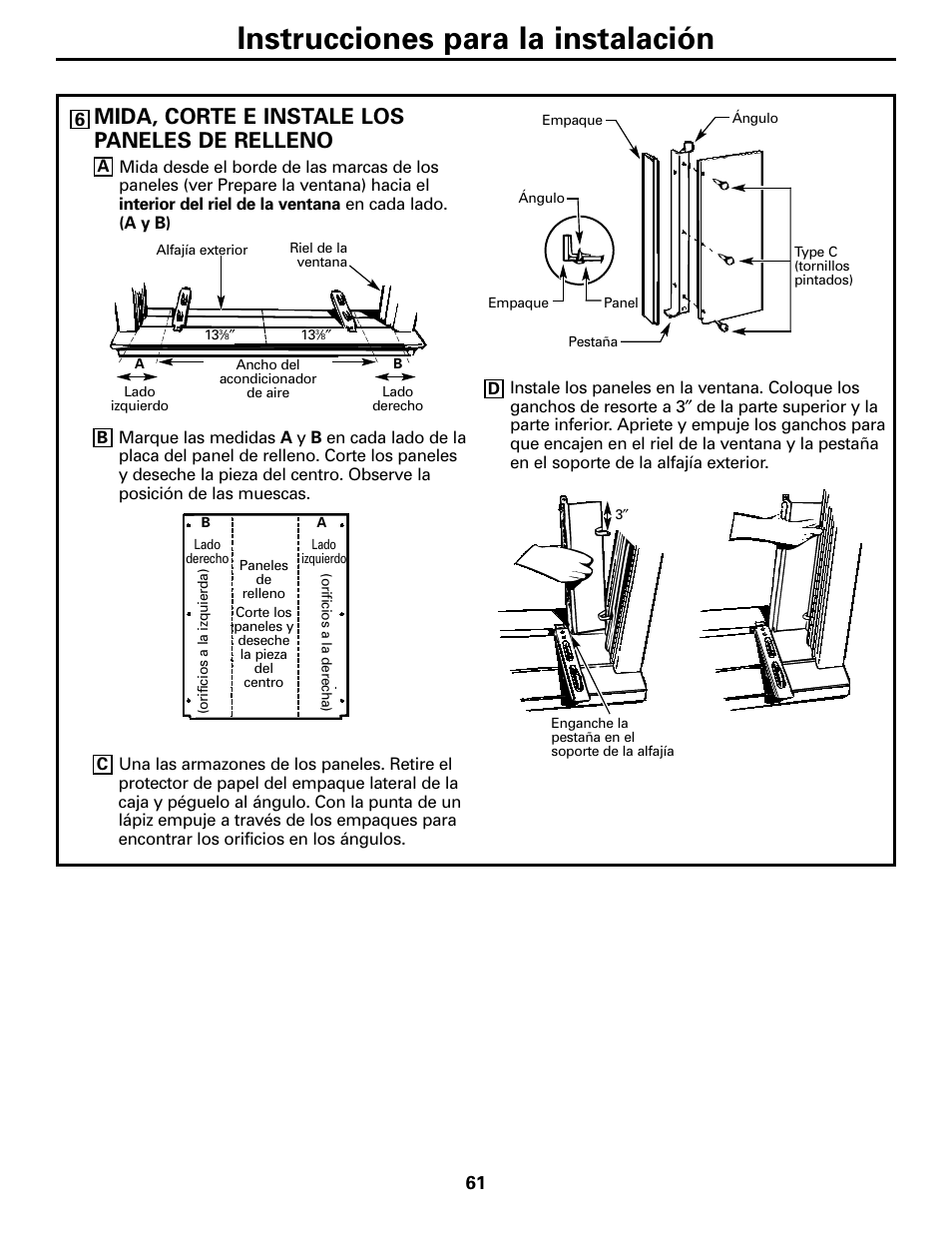 Instrucciones para la instalación, Mida, corte e instale los paneles de relleno | GE 10 DCB User Manual | Page 61 / 68