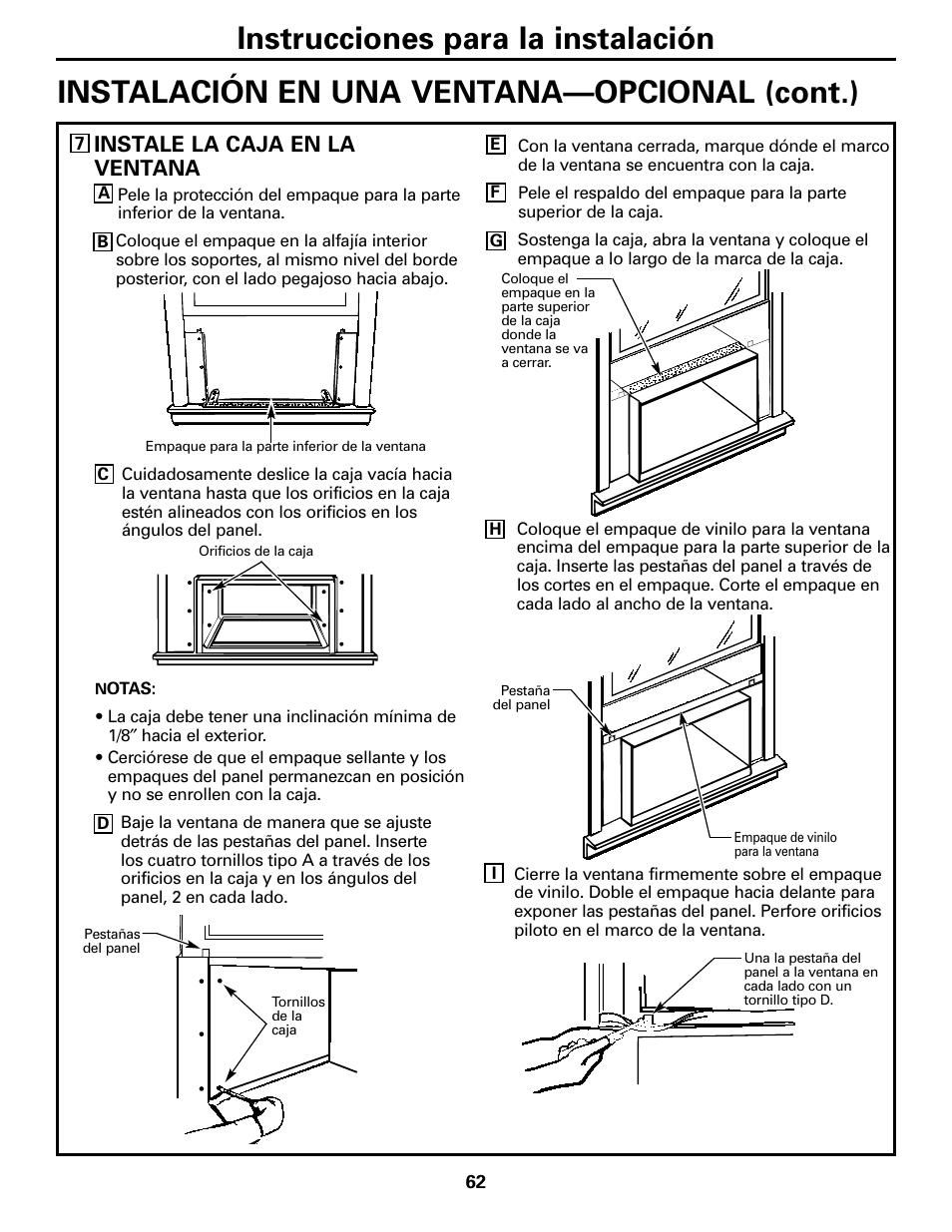 Instrucciones para la instalación, Instalación en una ventana—opcional (cont.), Instale la caja en la ventana | GE 10 DCB User Manual | Page 62 / 68