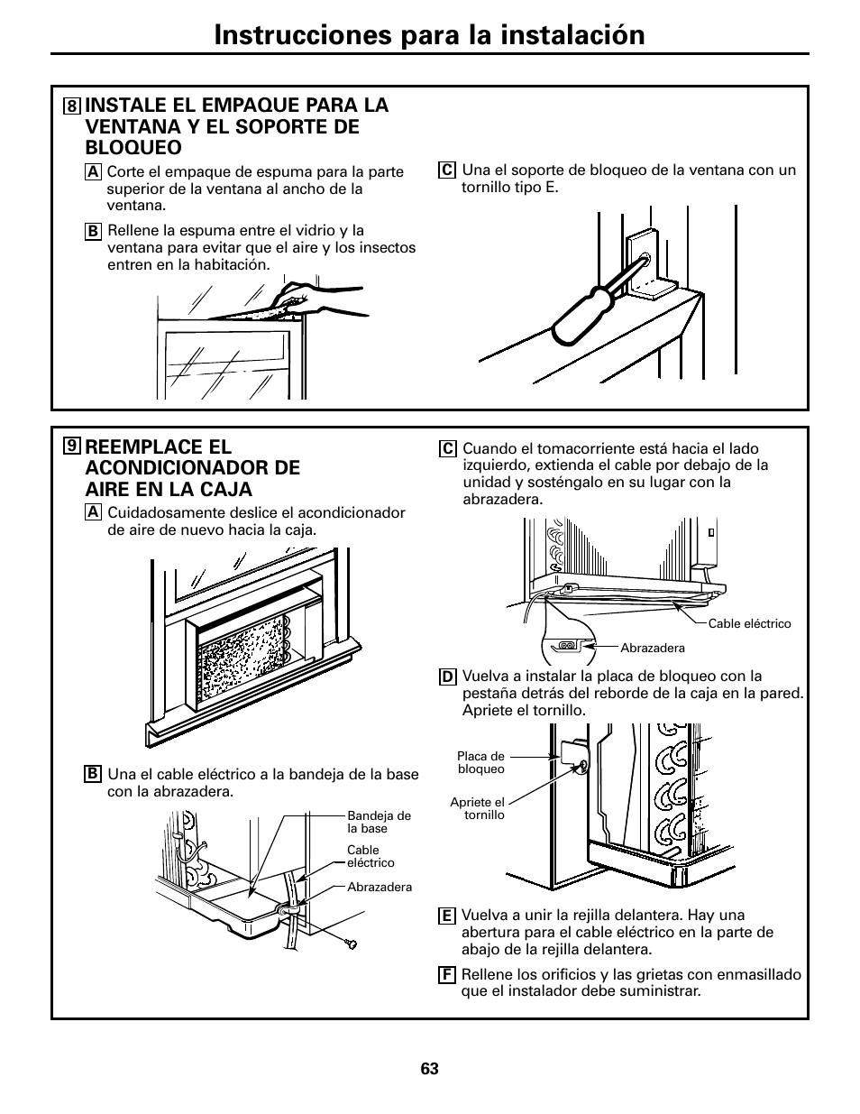 Instrucciones para la instalación, Reemplace el acondicionador de aire en la caja | GE 10 DCB User Manual | Page 63 / 68