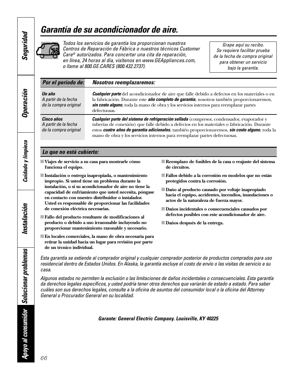 Garantía, Garantía de su acondicionador de aire, Operación seguridad | GE 10 DCB User Manual | Page 66 / 68