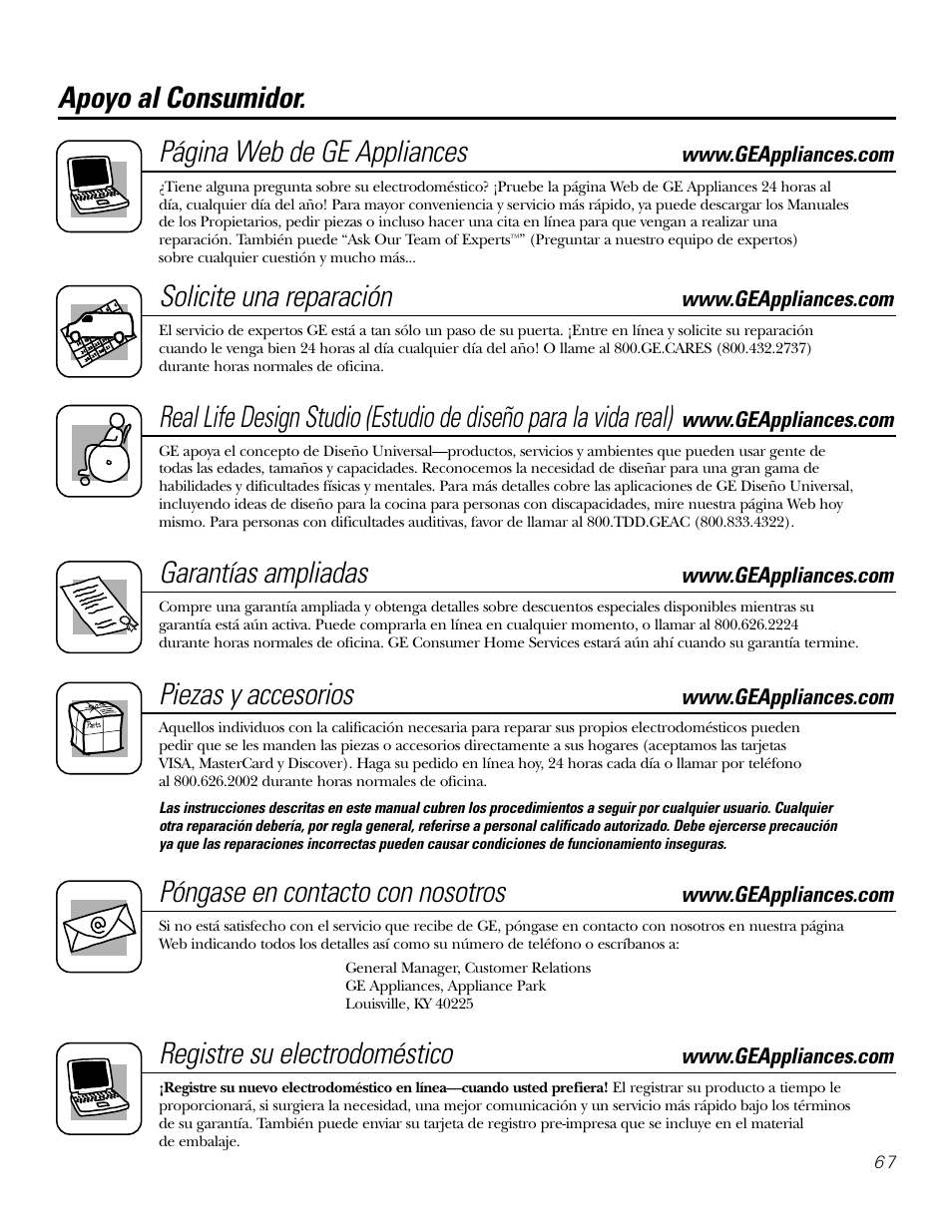 Apoyo al consumidor, Apoyo al consumidor. página web de ge appliances, Solicite una reparación | Garantías ampliadas, Piezas y accesorios, Póngase en contacto con nosotros, Registre su electrodoméstico | GE 10 DCB User Manual | Page 67 / 68