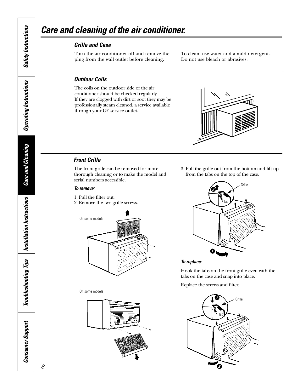 Front grille, Grille and case, Outdoor coils | Front grille grille and case outdoor coils, Care and cleaning of the air conditioner | GE 10 DCB User Manual | Page 8 / 68