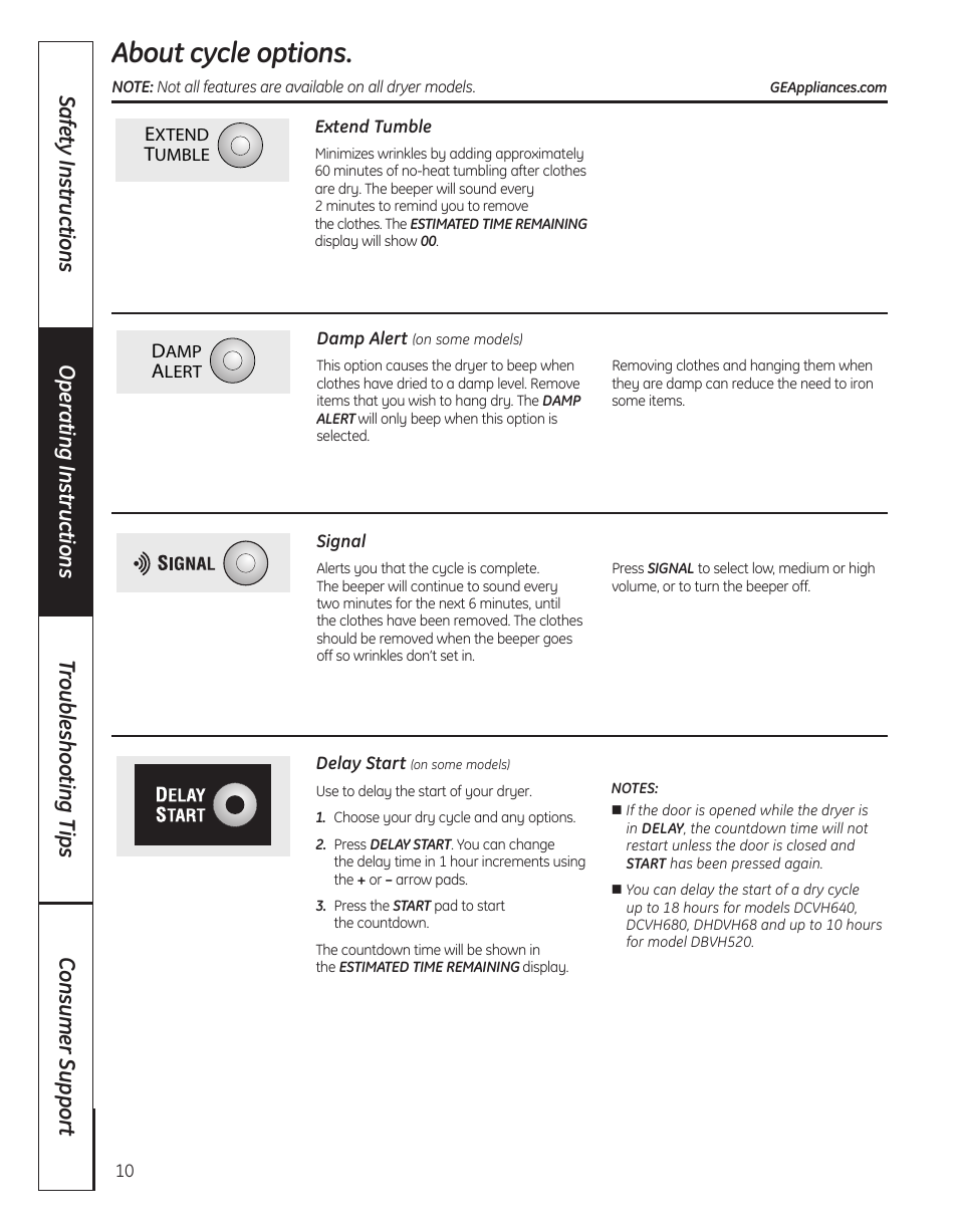Cycle options , 11, About cycle options | GE 364B7130P001 User Manual | Page 10 / 56