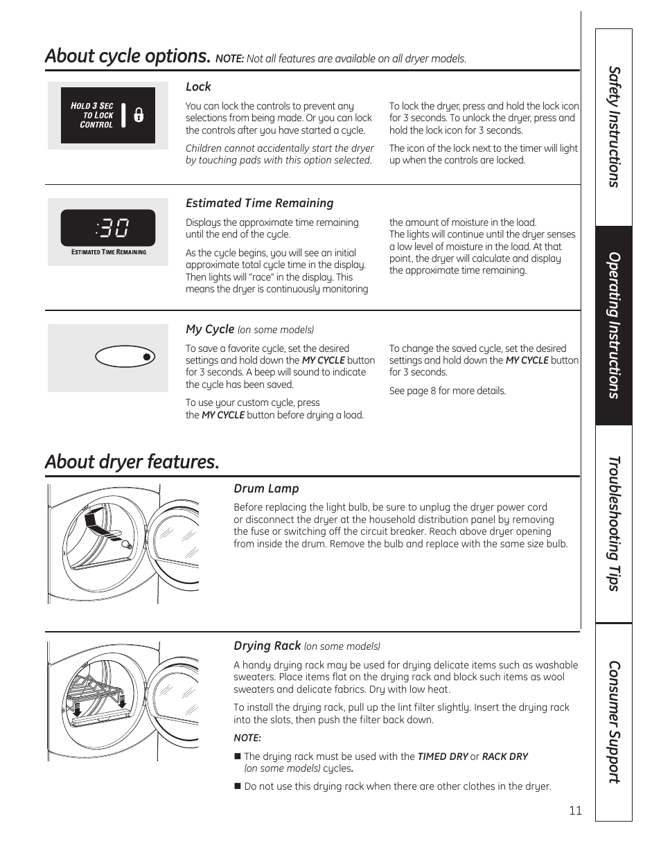 Dryer features, About cycle options, About dryer features | GE 364B7130P001 User Manual | Page 11 / 56