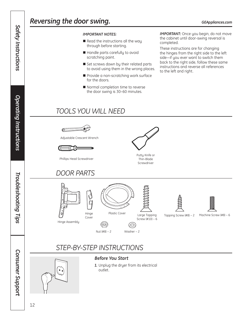 Reversing the door swing –16, Reversing the door swing, Tools you will need | Door parts, Step-by-step instructions | GE 364B7130P001 User Manual | Page 12 / 56