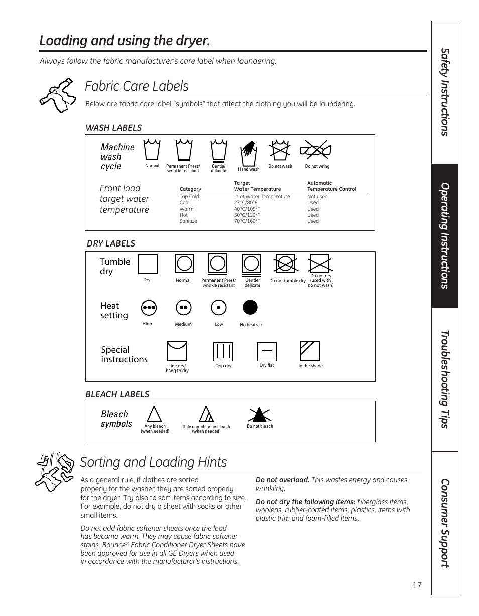 Loading and using the dryer , 18, Fabric care labels | GE 364B7130P001 User Manual | Page 17 / 56