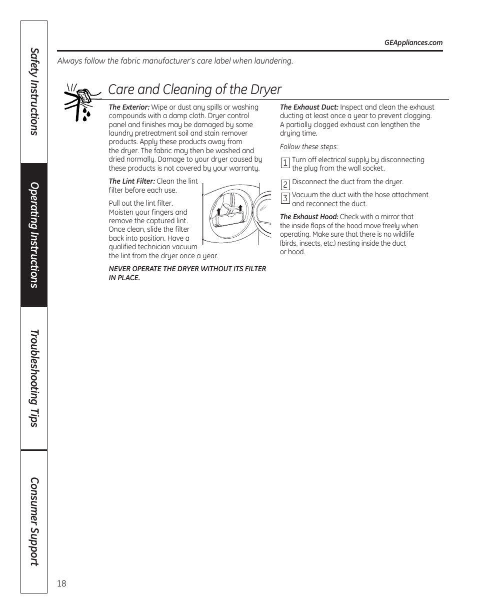 Care and cleaning of the dryer | GE 364B7130P001 User Manual | Page 18 / 56