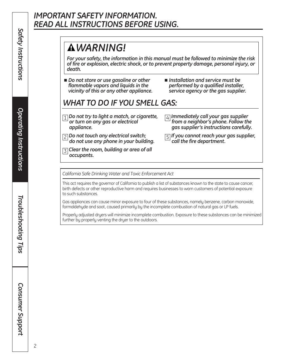 Safety instructions, Warning, What to do if you smell gas | GE 364B7130P001 User Manual | Page 2 / 56