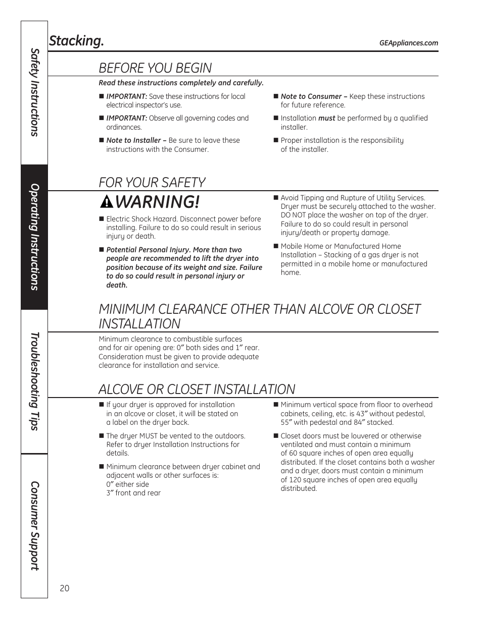 Stacking –23, Warning, Stacking | Before you begin, For your safety, Alcove or closet installation | GE 364B7130P001 User Manual | Page 20 / 56