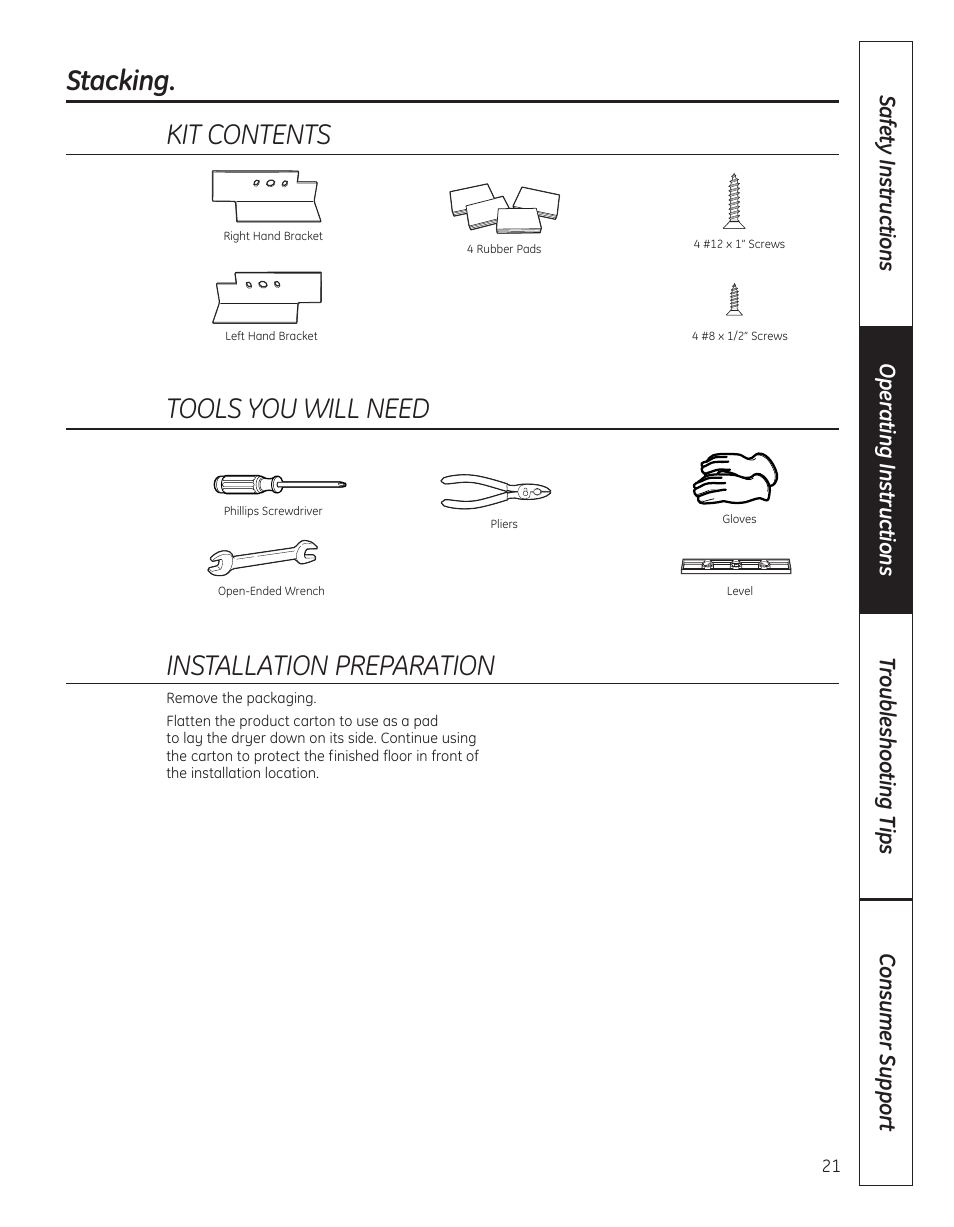 Stacking. kit contents, Tools you will need, Installation preparation | GE 364B7130P001 User Manual | Page 21 / 56