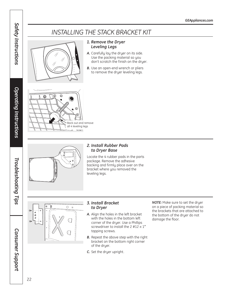 Installing the stack bracket kit | GE 364B7130P001 User Manual | Page 22 / 56