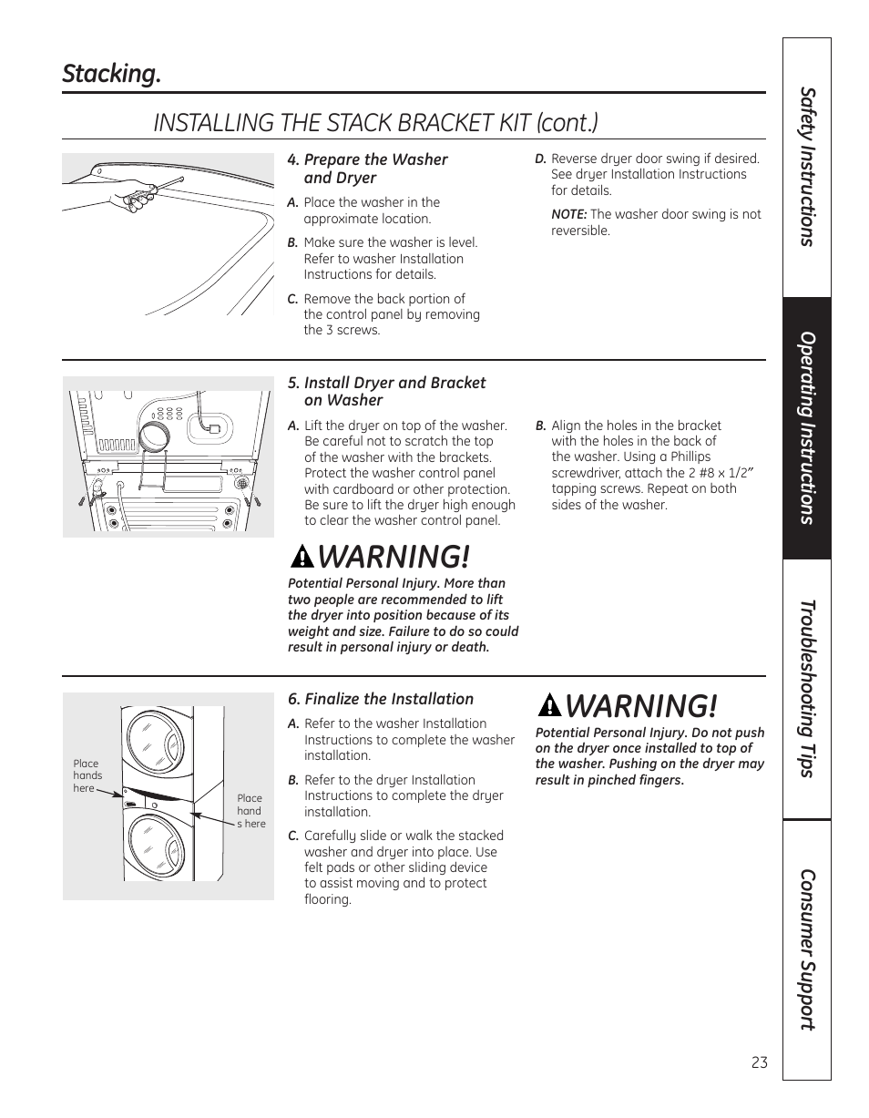 Warning, Stacking, Installing the stack bracket kit (cont.) | GE 364B7130P001 User Manual | Page 23 / 56