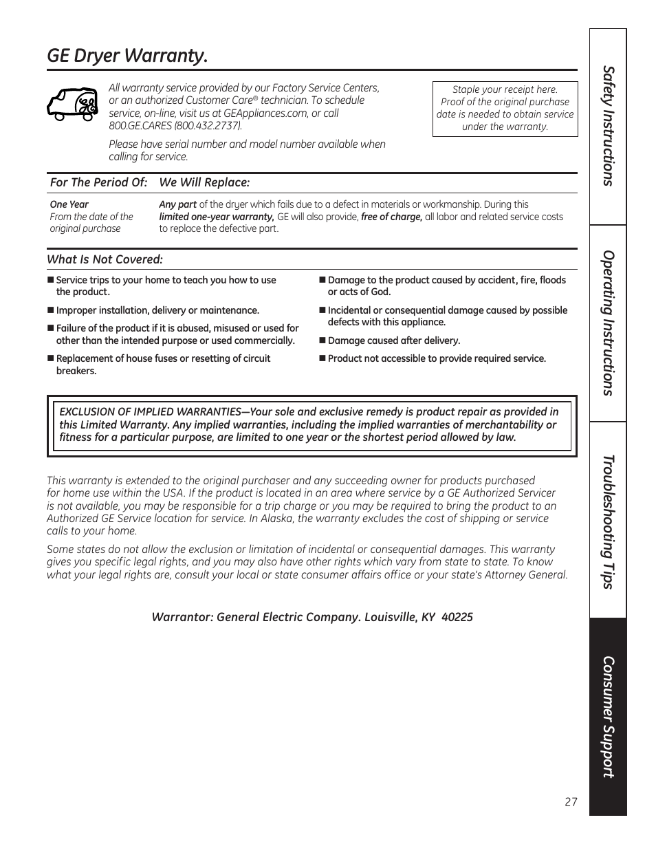 Warranty, Ge dryer warranty | GE 364B7130P001 User Manual | Page 27 / 56