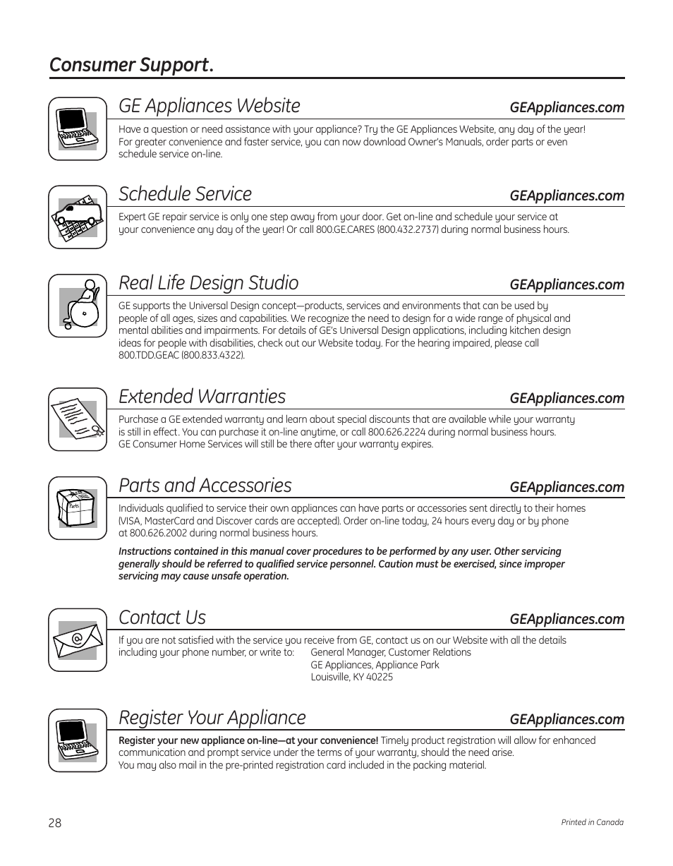 Consumer support. ge appliances website, Schedule service, Real life design studio | Extended warranties, Parts and accessories, Contact us, Register your appliance | GE 364B7130P001 User Manual | Page 28 / 56