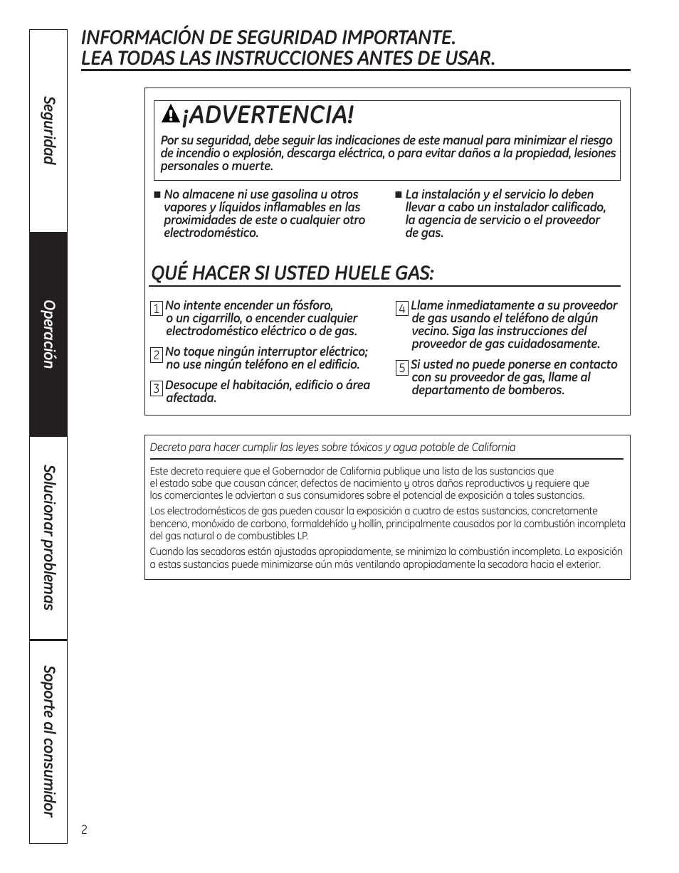 Instrucciones, De seguridad, Advertencia | Qué hacer si usted huele gas | GE 364B7130P001 User Manual | Page 30 / 56