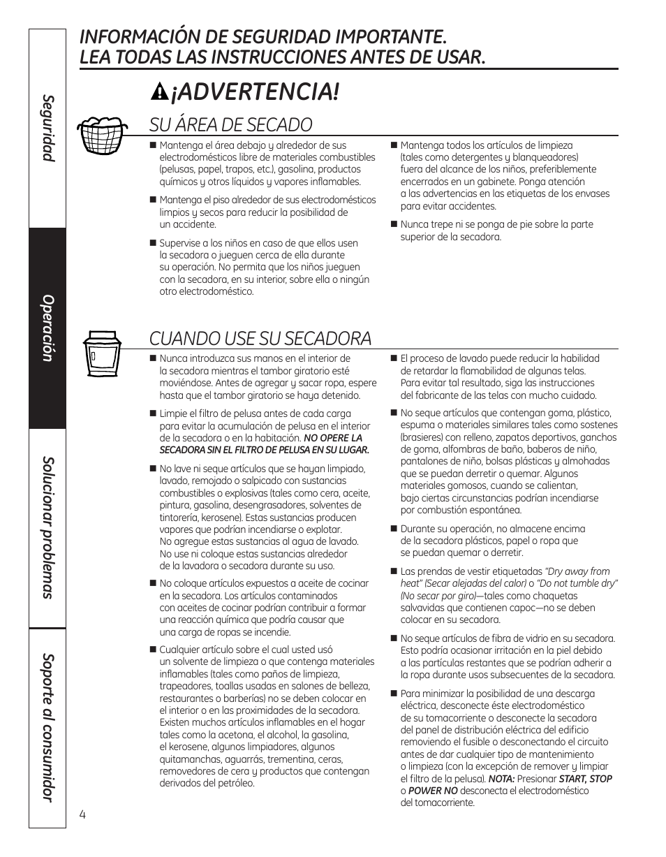 Advertencia, Suáreadesecado, Cuandousesusecadora | GE 364B7130P001 User Manual | Page 32 / 56