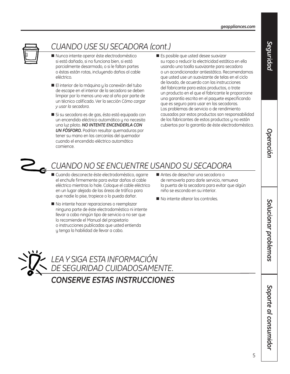 Cuandonoseencuentreusandosusecadora, Cuandousesusecadora(cont.) | GE 364B7130P001 User Manual | Page 33 / 56