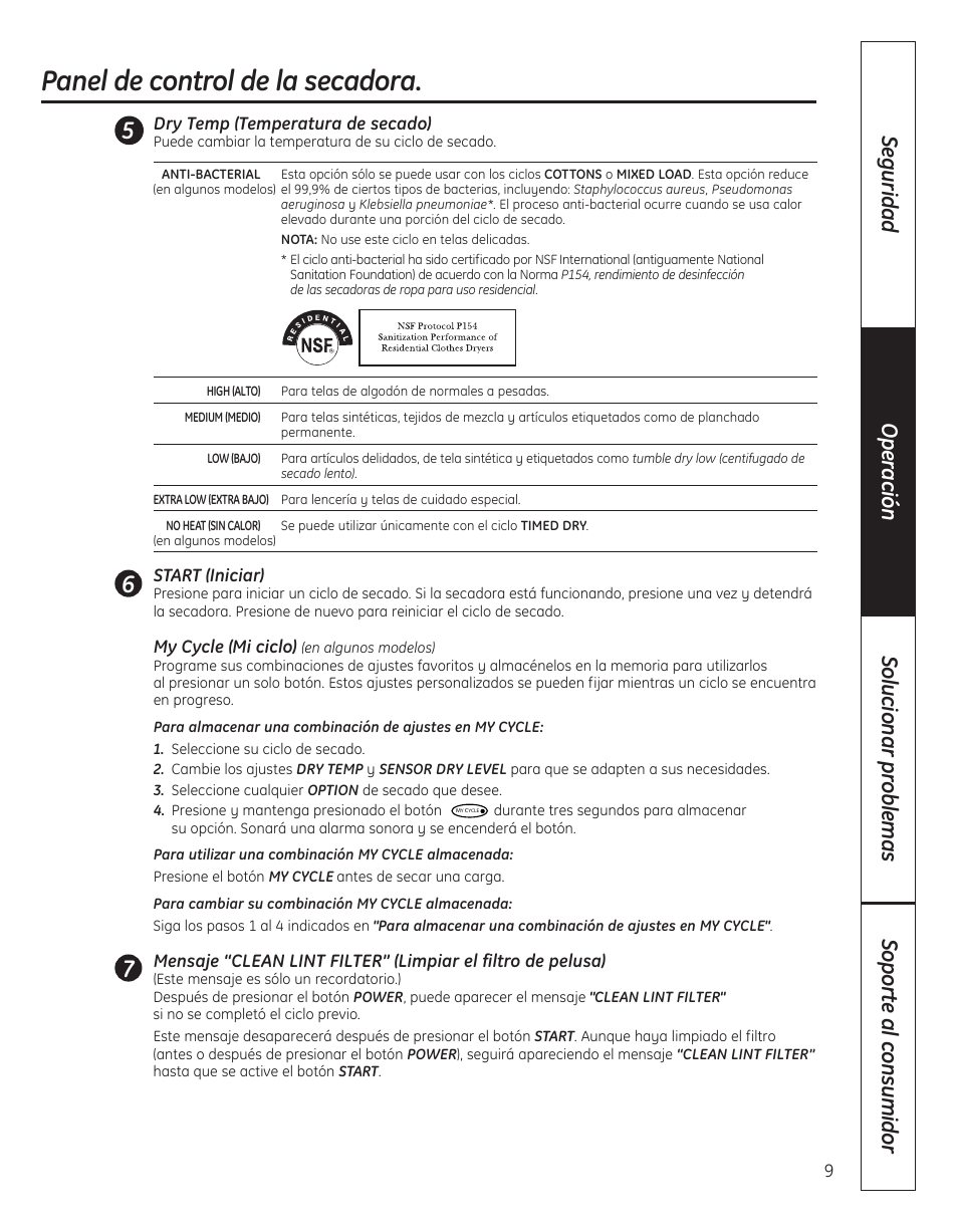 Panel de control de la secadora | GE 364B7130P001 User Manual | Page 37 / 56