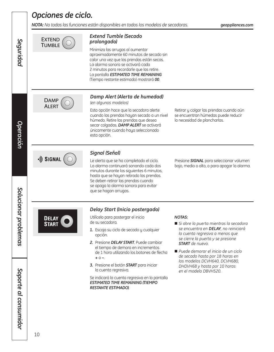 Opciones de los ciclos , 11, Opciones de ciclo | GE 364B7130P001 User Manual | Page 38 / 56