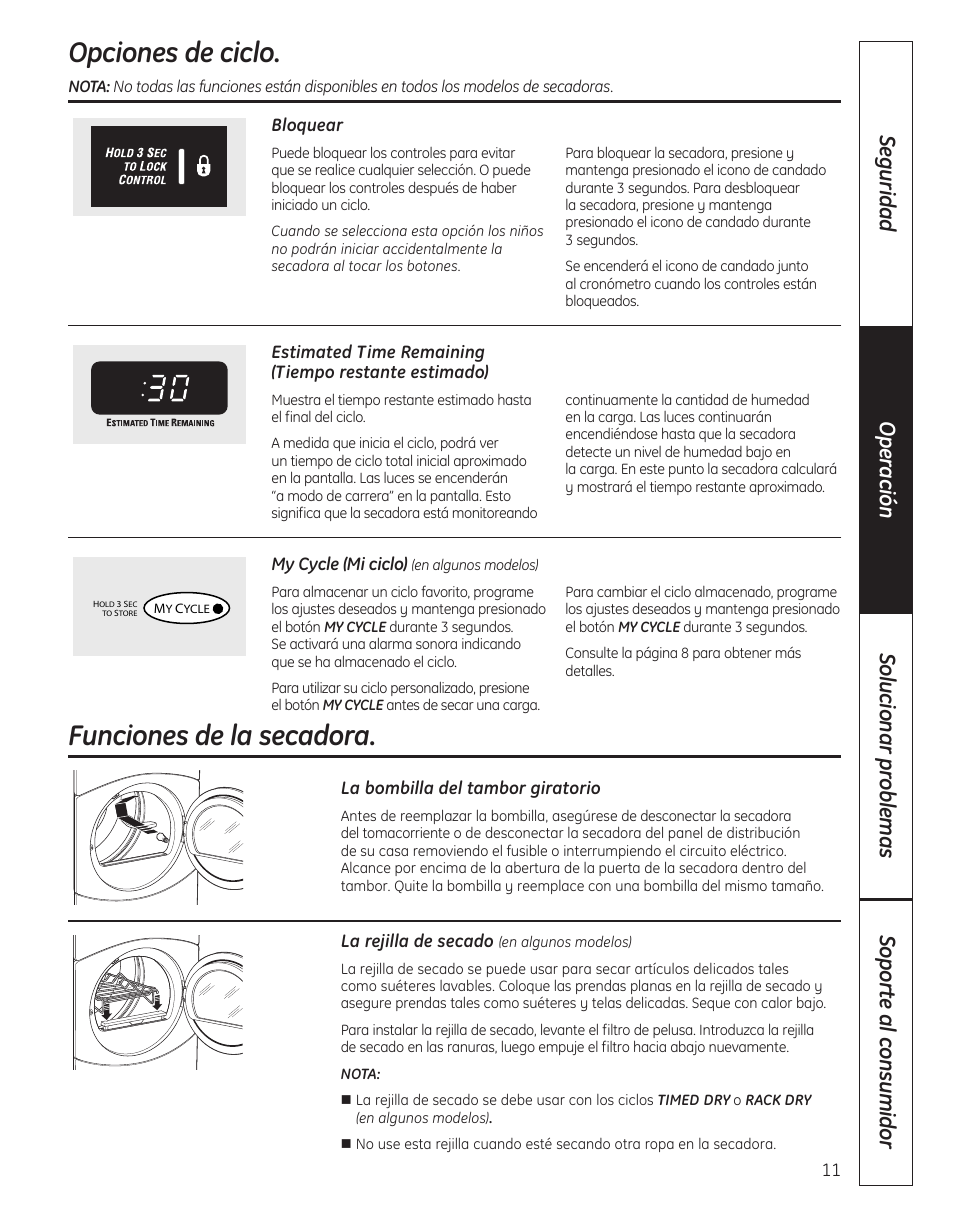 Funciones de la secadora, Opciones de ciclo | GE 364B7130P001 User Manual | Page 39 / 56