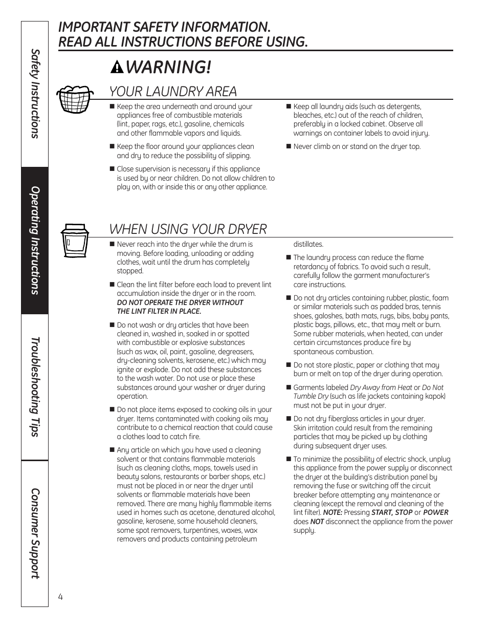 Warning, Your laundry area, When using your dryer | GE 364B7130P001 User Manual | Page 4 / 56