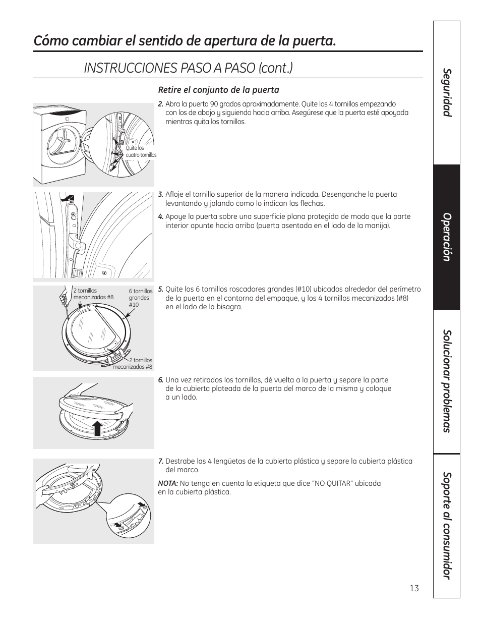 Instruccionespasoapaso(cont.), Cómo cambiar el sentido de apertura de la puerta | GE 364B7130P001 User Manual | Page 41 / 56