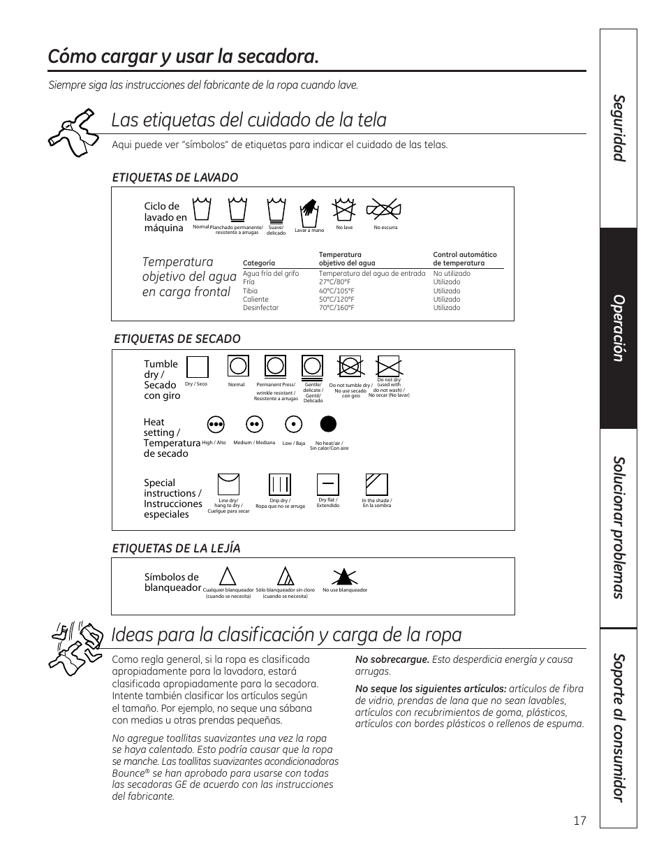 Cómo cargar y usar la secadora , 18, Lasetiquetasdelcuidadodelatela | GE 364B7130P001 User Manual | Page 45 / 56