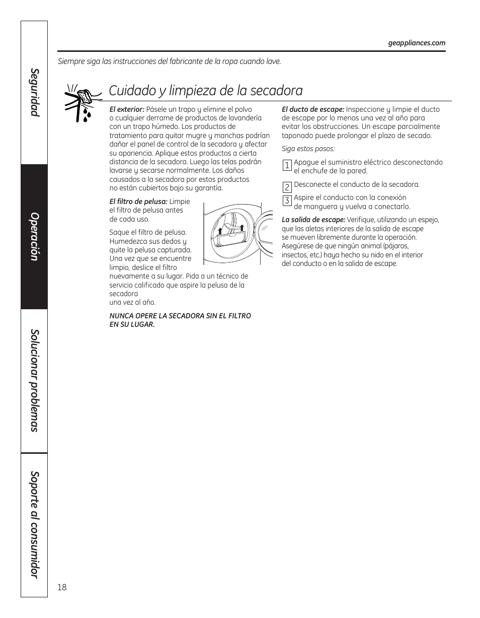 Cuidadoylimpiezadelasecadora | GE 364B7130P001 User Manual | Page 46 / 56