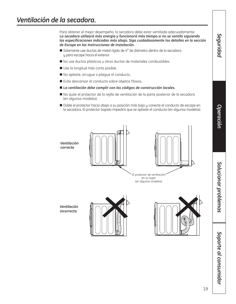 Ventilación de la secadora | GE 364B7130P001 User Manual | Page 47 / 56