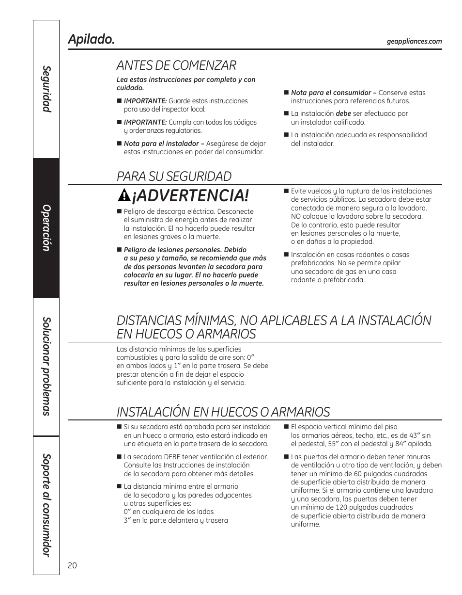 Apilado –23, Advertencia, Apilado | Antesdecomenzar, Parasuseguridad, Instalaciónenhuecosoarmarios | GE 364B7130P001 User Manual | Page 48 / 56