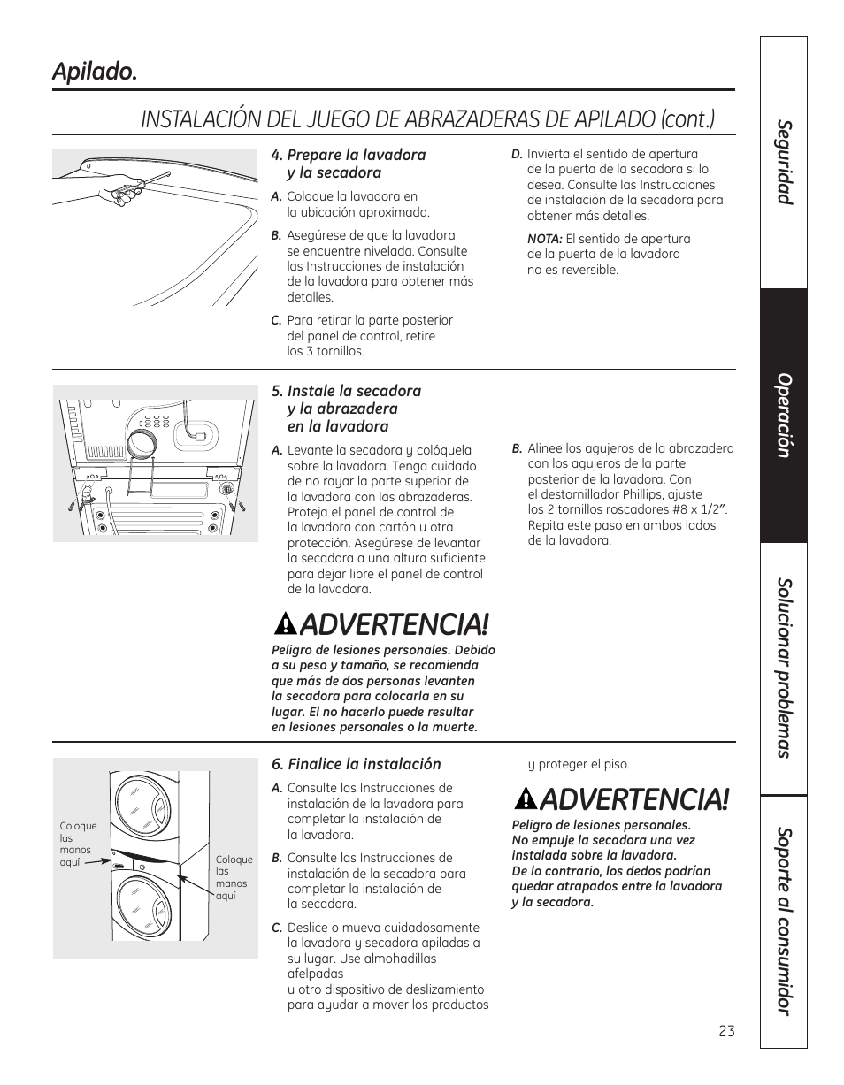 Advertencia, Apilado | GE 364B7130P001 User Manual | Page 51 / 56