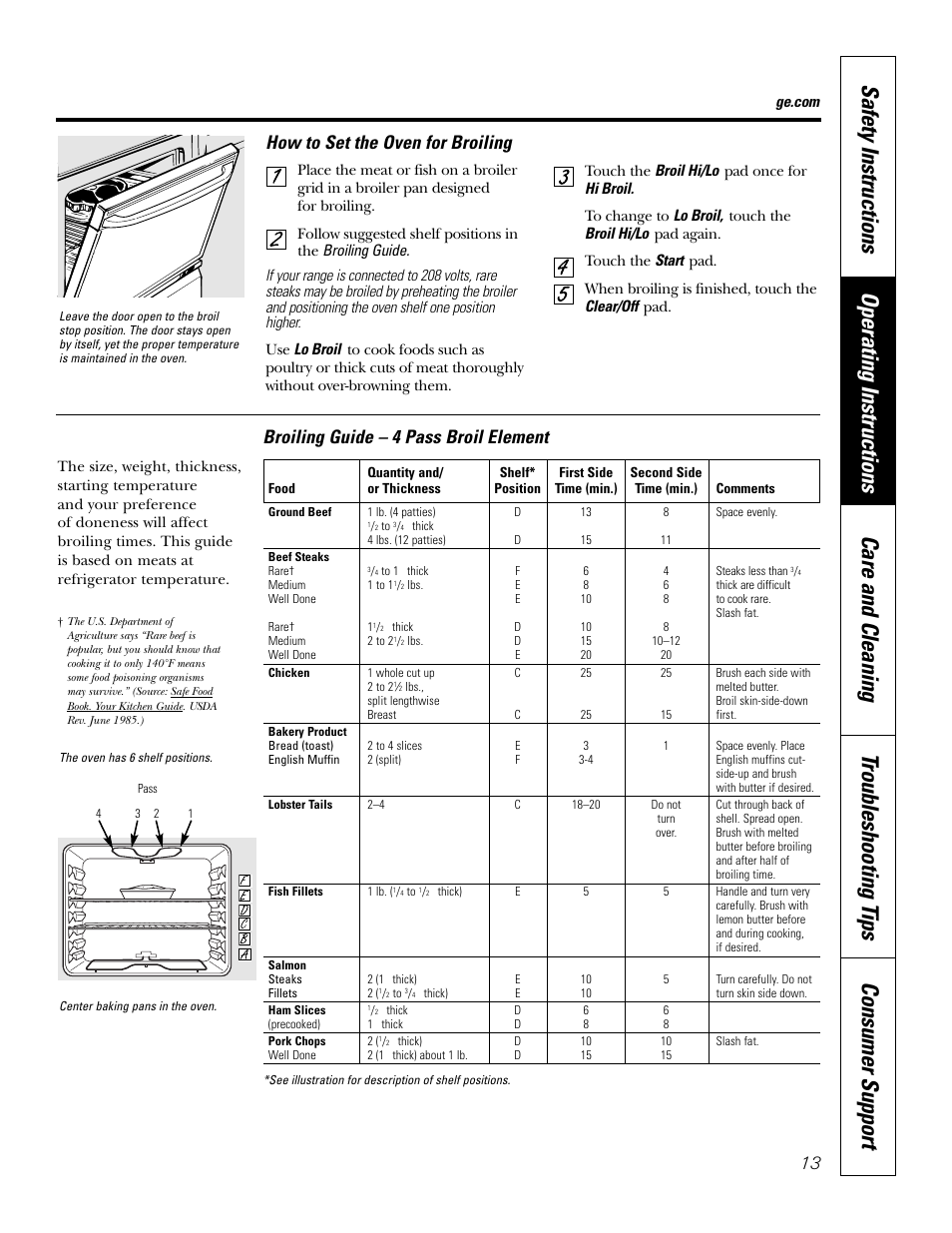 How to set the oven for broiling, Broiling guide – 4 pass broil element | GE EER4001 User Manual | Page 13 / 36