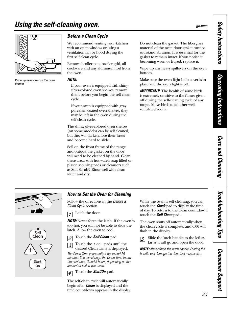 Self-cleaning, Self-cleaning , 22, Using the self-cleaning oven | GE EER4001 User Manual | Page 21 / 36