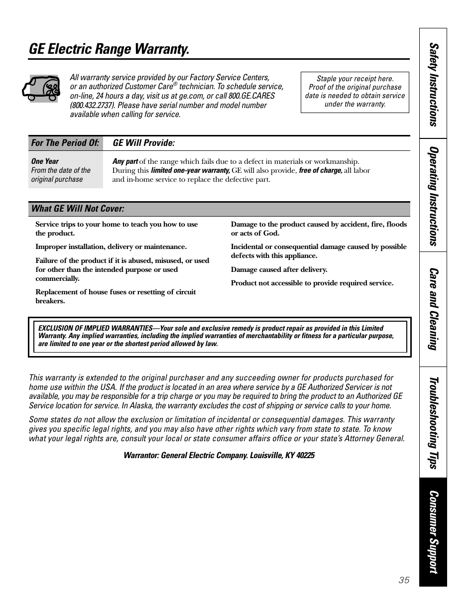 Warranty, Ge electric range warranty | GE EER4001 User Manual | Page 35 / 36