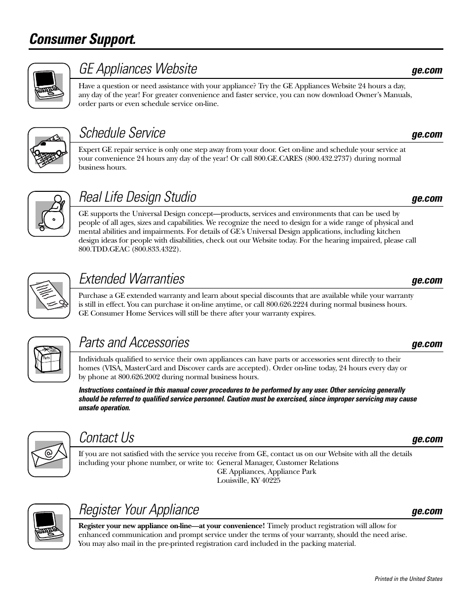 Consumer support, Consumer support . . . . . back cover, Consumer support. ge appliances website | Schedule service, Real life design studio, Extended warranties, Parts and accessories, Contact us, Register your appliance | GE EER4001 User Manual | Page 36 / 36