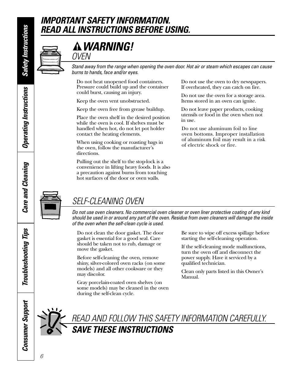 Warning, Self-cleaning oven | GE EER4001 User Manual | Page 6 / 36