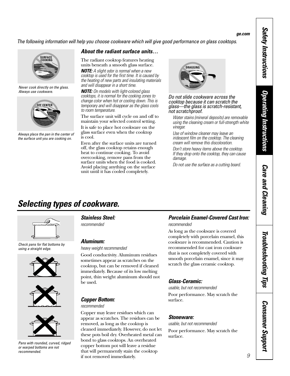 Selecting types of cookware, About the radiant surface units, Stainless steel | Aluminum, Copper bottom, Porcelain enamel-covered cast iron, Glass-ceramic, Stoneware | GE EER4001 User Manual | Page 9 / 36